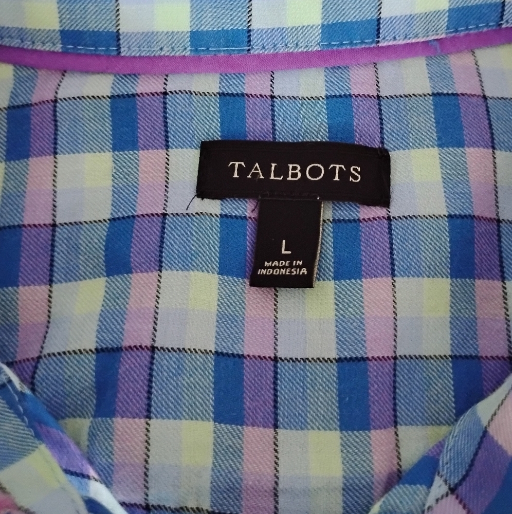 Talbots 100% Cotton Plaid Button Up Shirt Blue Purple Colorful Classic Sz Large - Picture 12 of 15